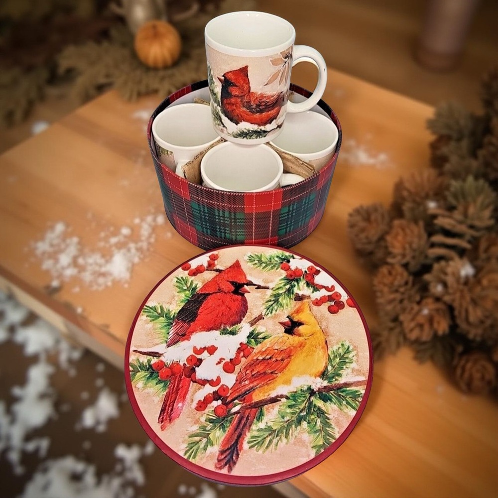 Cardinal Tea Coffee Cup Set of 4 Mugs Bird Stoneware Cracker Barrel Plaid VTG